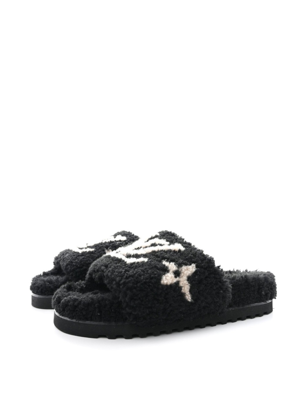 Louis Vuitton Black Shearling Slide Slippers with White Cream Logo